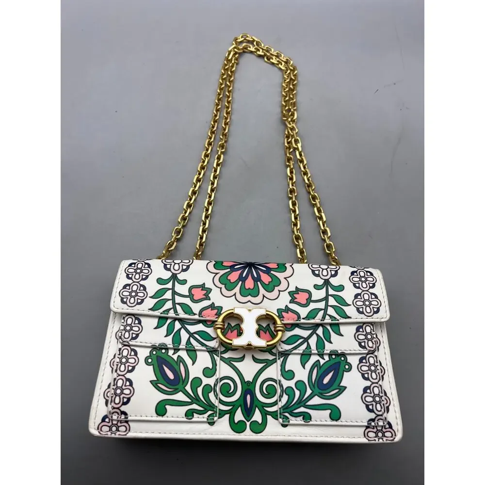 $625 Tory Burch White Garden Party Gemini Link Tri-Fold Leather Shoulder Bag